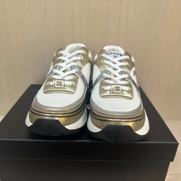CHANEL White and Gold Sneakers - Picture 2 of 5